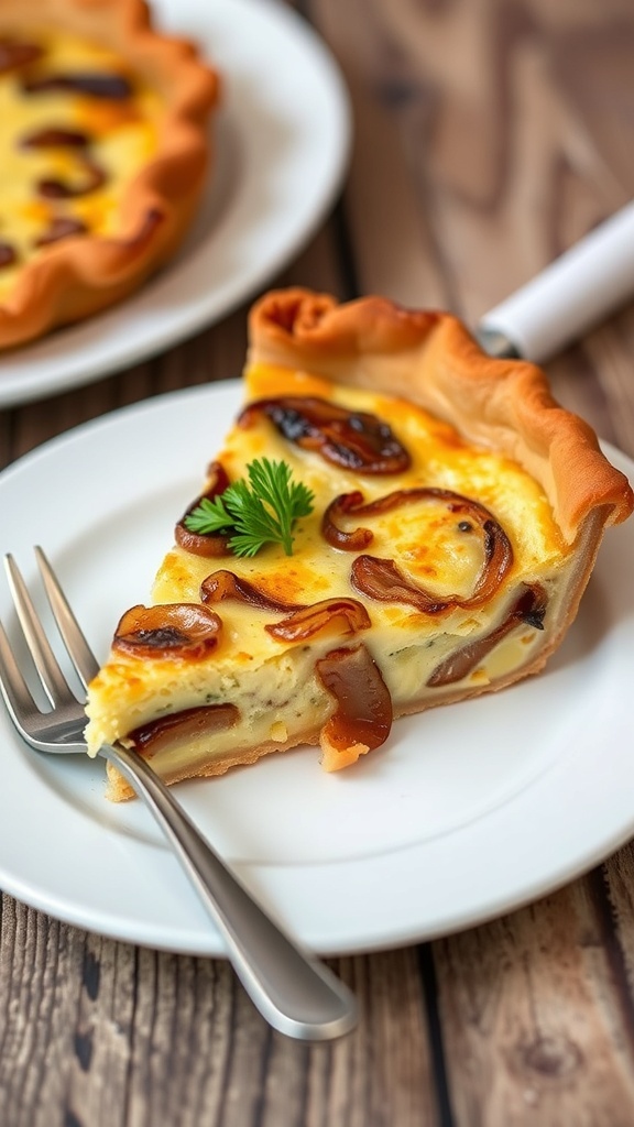 A slice of onion quiche with a golden crust and creamy filling, garnished with parsley on a rustic table.